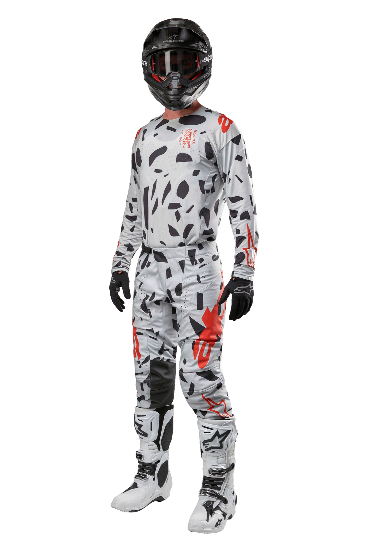 Alpinestars 2024 Techstar Rantera Pants, Motocross Pants, Haze Gray Camo, worn with matching jersey, black helmet, and white and black boots, featuring black abstract patterns and red accents, complete off-road racing gear