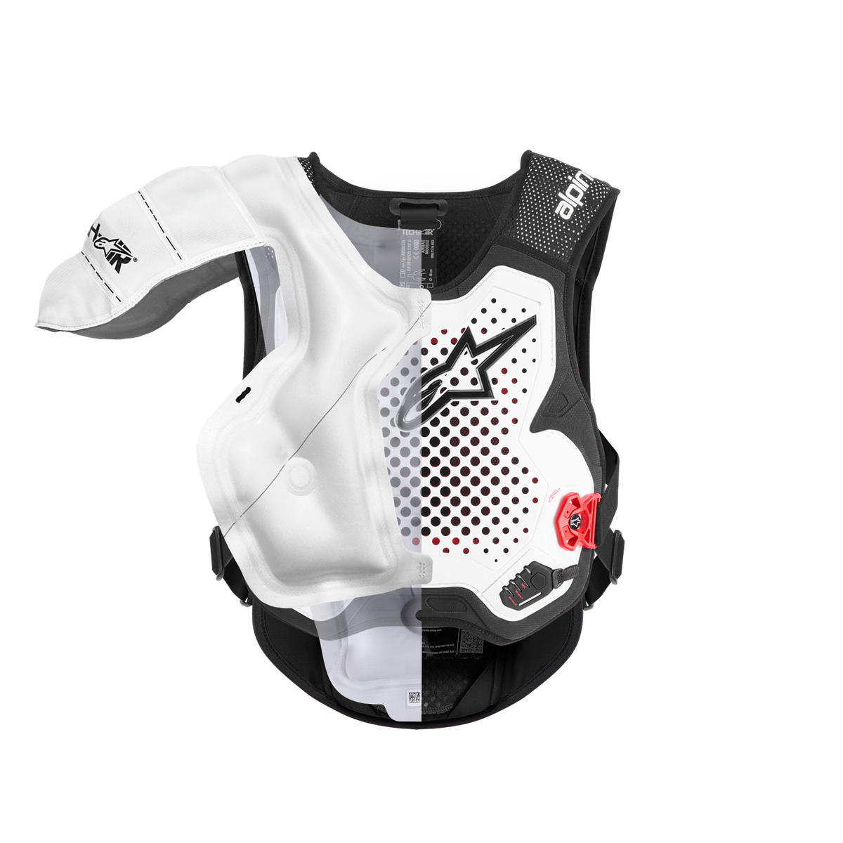 Alpinestars Tech-Air® MX System, autonomiczna poduszka powietrzna off-road, widok w przekroju ukazujący wewnętrzny biały pęcherz i kamizelkę ochronną, czarno-biała konstrukcja z czerwonymi akcentami, zapewniająca ochronę ramion i klatki piersiowej.