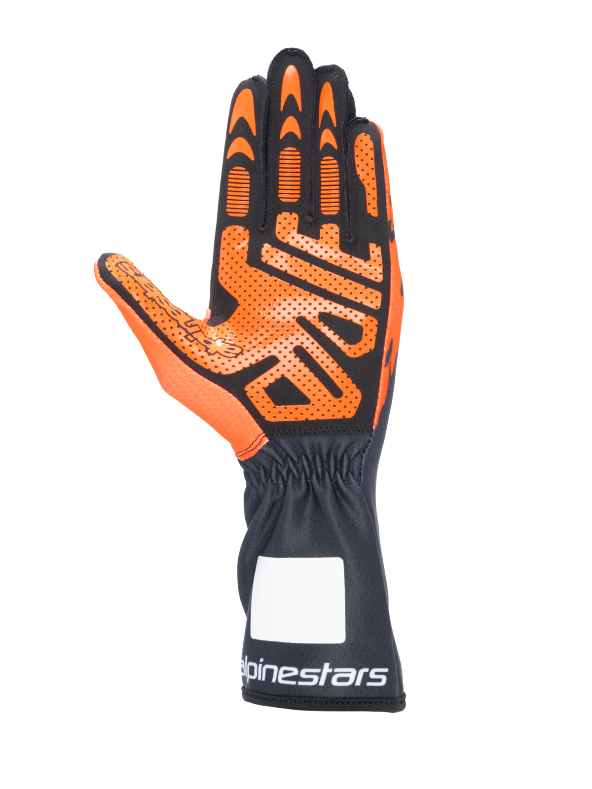 Rękawice kartingowe Alpinestars Tech-1 K V3, czarno-pomarańczowe, widok od strony dłoni pokazujący szczegółowy silikonowy wzór przyczepności, długi mankiet z białym logo Alpinestars, ergonomiczna konstrukcja do wyścigów gokartowych
