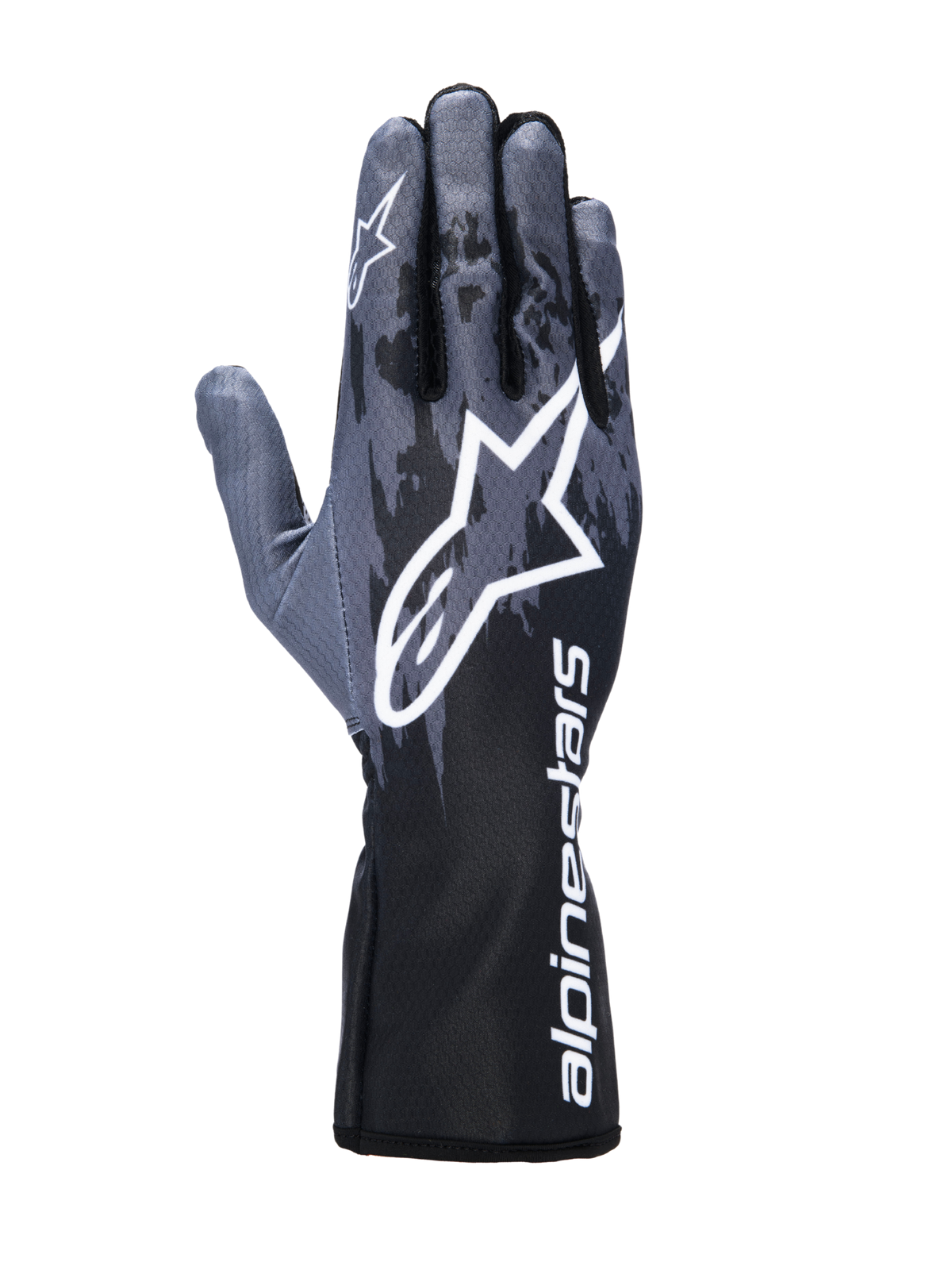 Rękawice Alpinestars Tech-1 K V3, rękawice kartingowe, Black Anthracite, z dużym białym logo Astar na wierzchu dłoni, ciemnoszarym wzorem w stylu kamuflażu i mankietem z pionowym białym brandingiem Alpinestars