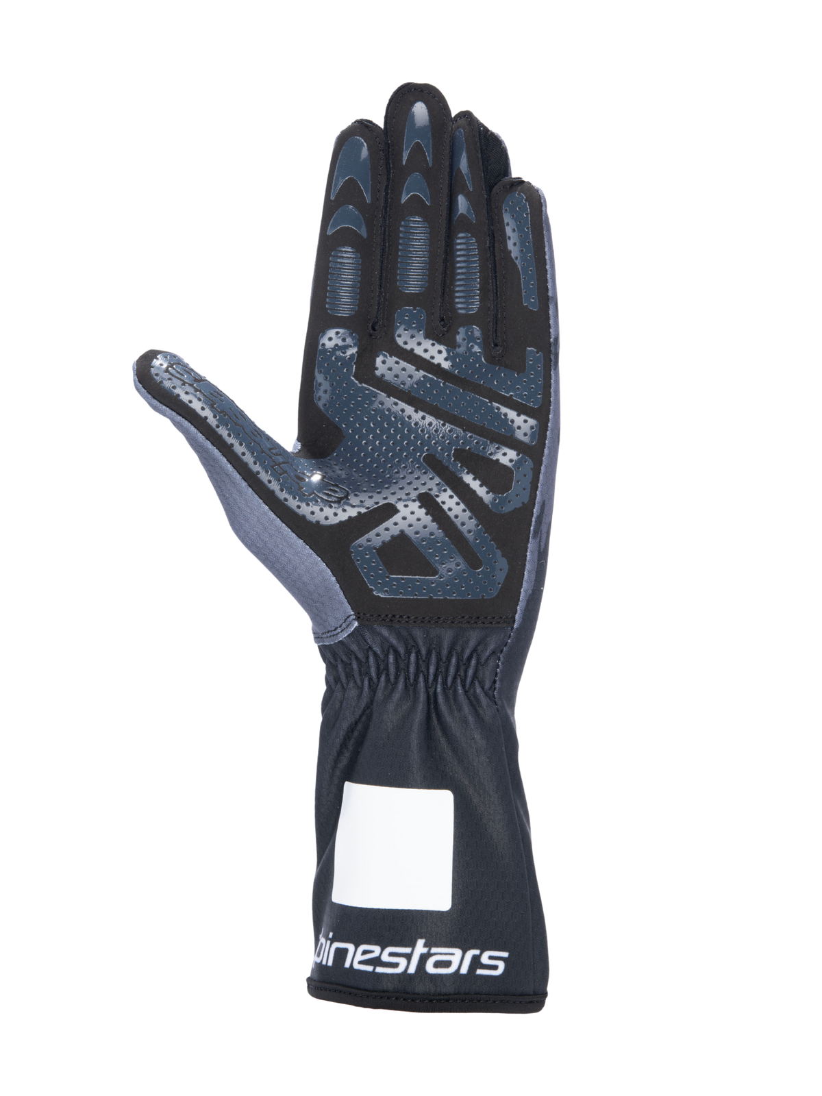 Rękawice kartingowe Alpinestars Tech-1 K V3, Black Anthracite, widok od strony dłoni z silikonowym nadrukiem o wysokiej przyczepności, dłoń z syntetycznego zamszu, przedłużony mankiet z elastycznym nadgarstkiem i białym logo, profesjonalny sprzęt do sportów motorowych