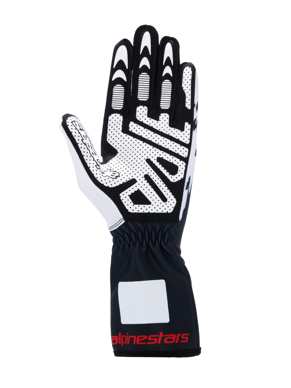 Rękawice Alpinestars Tech-1 K V3, rękawice kartingowe, czarno-biało-czerwone, widok dłoni z silikonowym nadrukiem o wysokiej przyczepności, syntetyczny zamsz, mankiet z czerwonym logotypem, profesjonalny sprzęt kartingowy