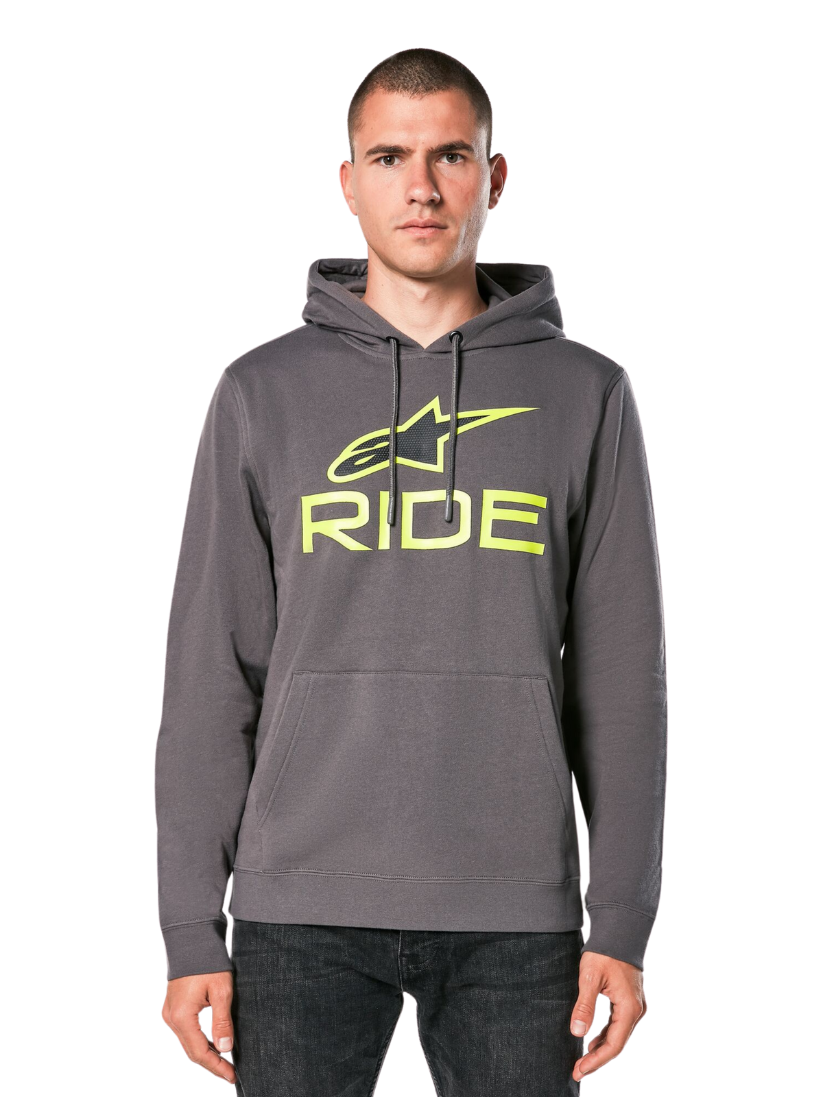 Alpinestars Ride Hoodie V 3, ciemnoszara bluza z kapturem z limonkowym logo RIDE, przednia kieszeń typu kangurka i kaptur regulowany sznurkiem, casualowy streetwear inspirowany sportami motorowymi
