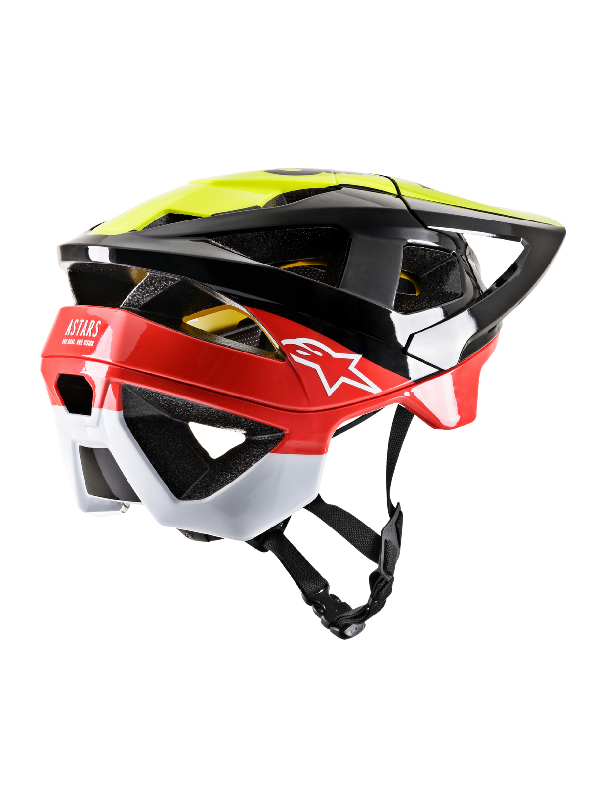 Kask MTB Alpinestars Vector Tech Pilot, czarny, żółty fluo i czerwony błyszczący z białymi akcentami, widok z tyłu pod kątem trzech czwartych ukazujący duże otwory wentylacyjne, przedłużoną osłonę karku, białe logo Astars i regulowany pasek podbródkowy, wysokiej klasy ochrona głowy na rower górski