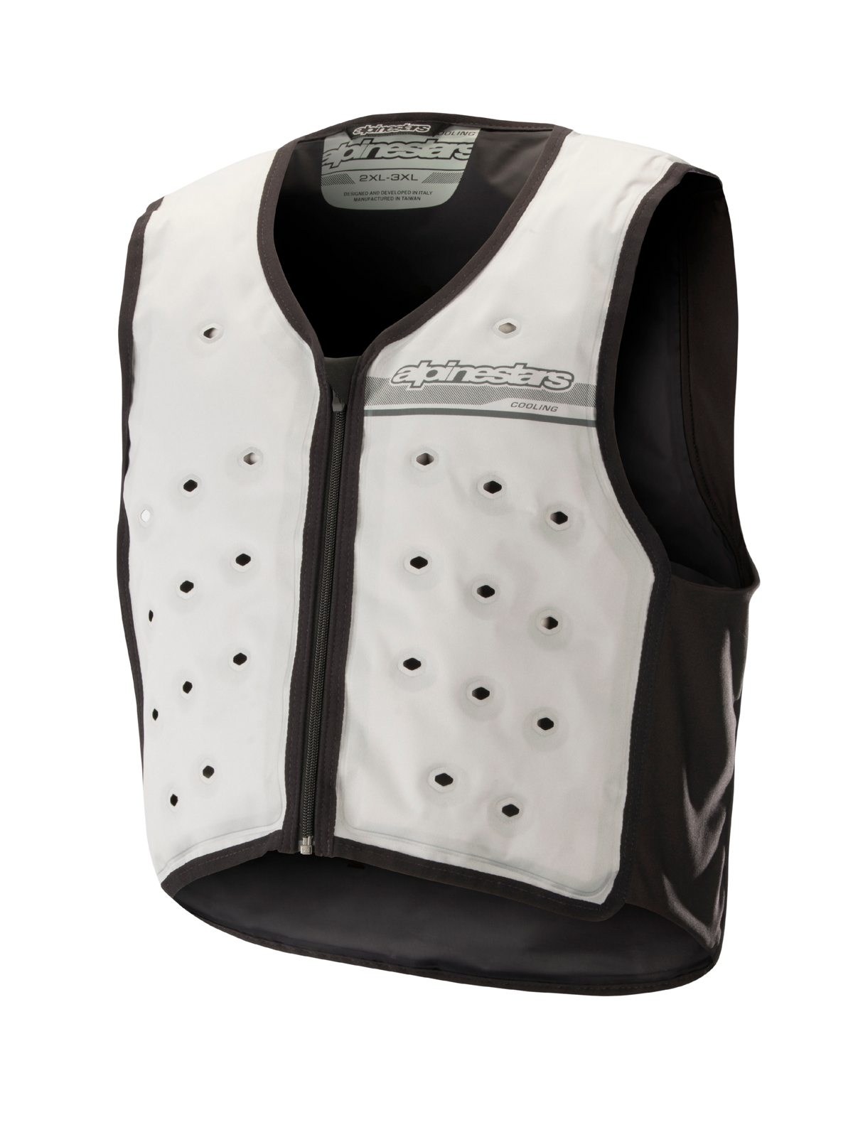 Alpinestars Cooling Vest, kamizelka chłodząca, jasnoszara i ciemnoszara, motocyklowa warstwa bazowa bez rękawów, okrągłe otwory wentylacyjne, zamek z przodu, materiał odprowadzający wilgoć, do jazdy w upalne dni