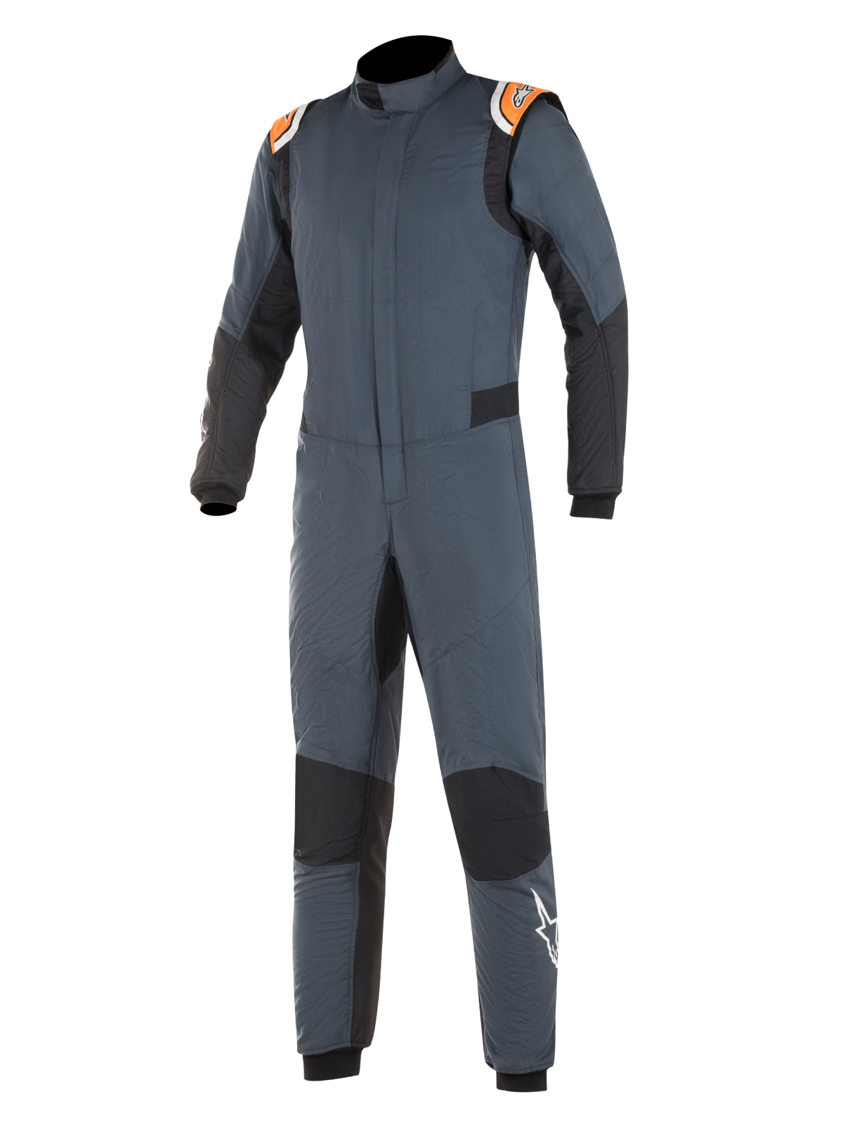 Kombinezon Alpinestars Hypertech, kombinezon wyścigowy, szary asfaltowy i czarny z akcentami pomarańczowy fluo, czarne panele elastyczne, pomarańczowe naramienniki z logo, białe logo gwiazdy na nogawce, profesjonalna dwuwarstwowa ognioodporna konstrukcja do sportów motorowych