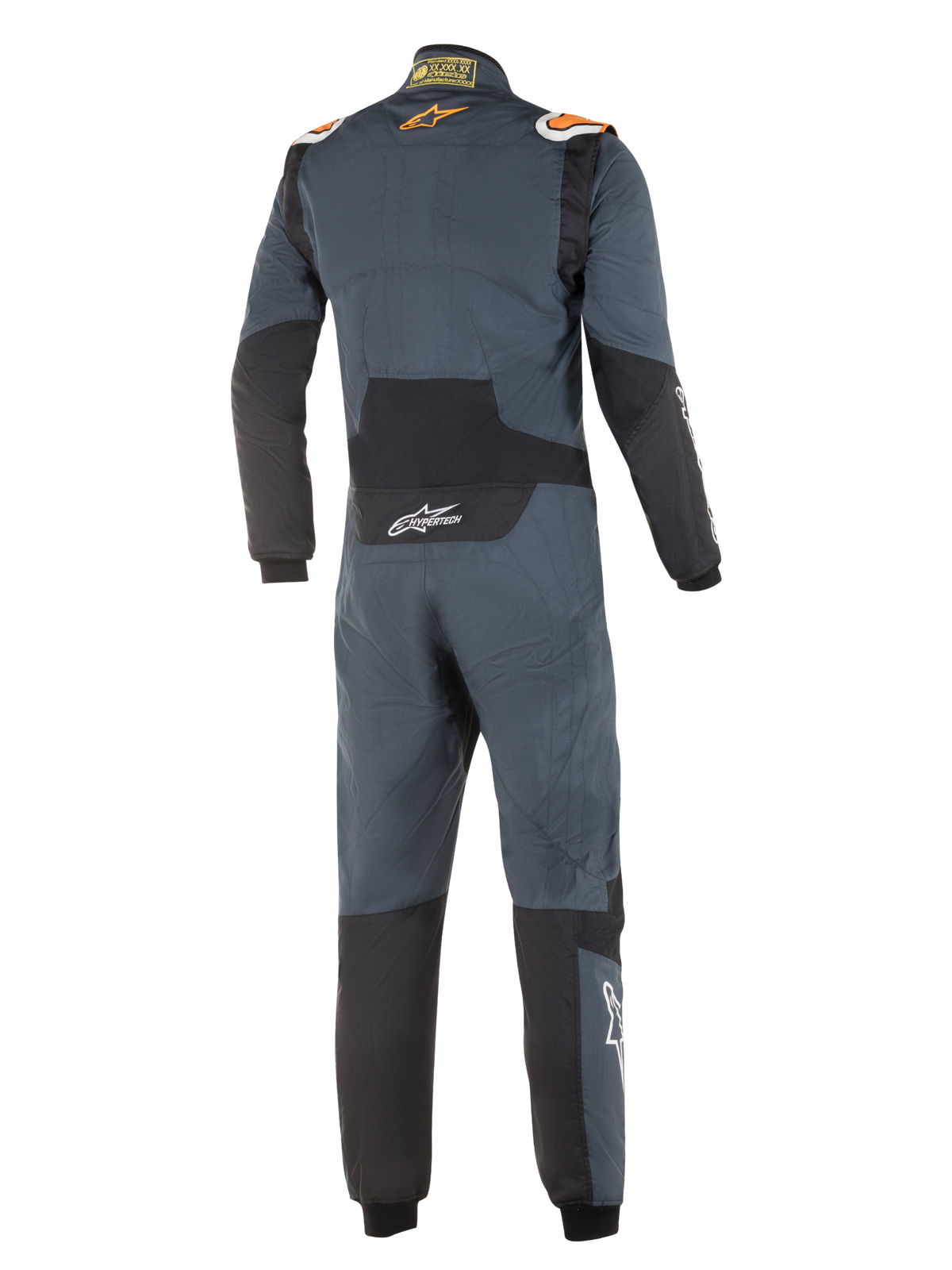 Kombinezon Alpinestars Hypertech, profesjonalny kombinezon samochodowy, szary Asphalt i jaskrawy pomarańczowy, widok z tyłu, czarne panele elastyczne na dolnej części pleców i łokciach, pomarańczowe logo Alpinestars na ramionach, białe logo Hypertech, aerodynamiczny design z certyfikatem FIA
