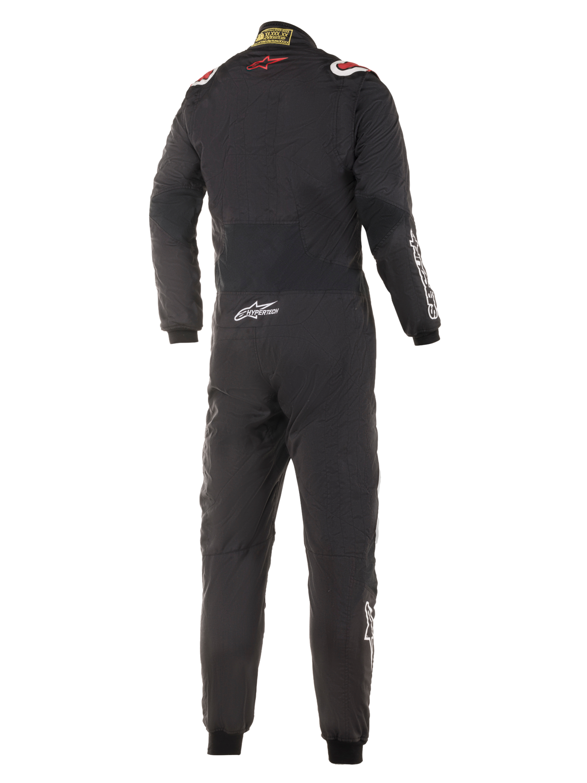 Alpinestars Hypertech Suit, Auto Racing Suit, Black with Red and White accents, back view showing red star logo on upper back, Hypertech branding on lower back, professional one-piece design for motorsport.