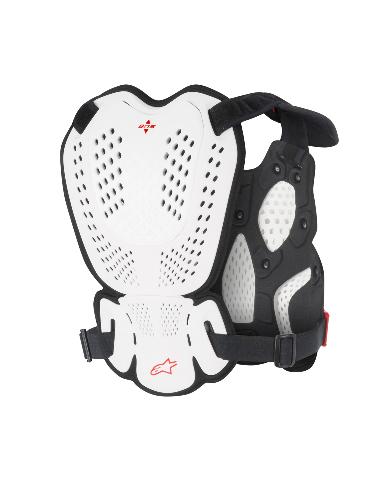 Alpinestars A-1 Roost Guard, ochraniacz klatki piersiowej i pleców do motocrossu, biało-czarny z czerwonym logo Alpinestars, perforowane twarde płyty osłonowe, wyściółka z pianki bio, widok z tyłu pokazujący zakres ochrony do jazdy motocrossowej i off-road