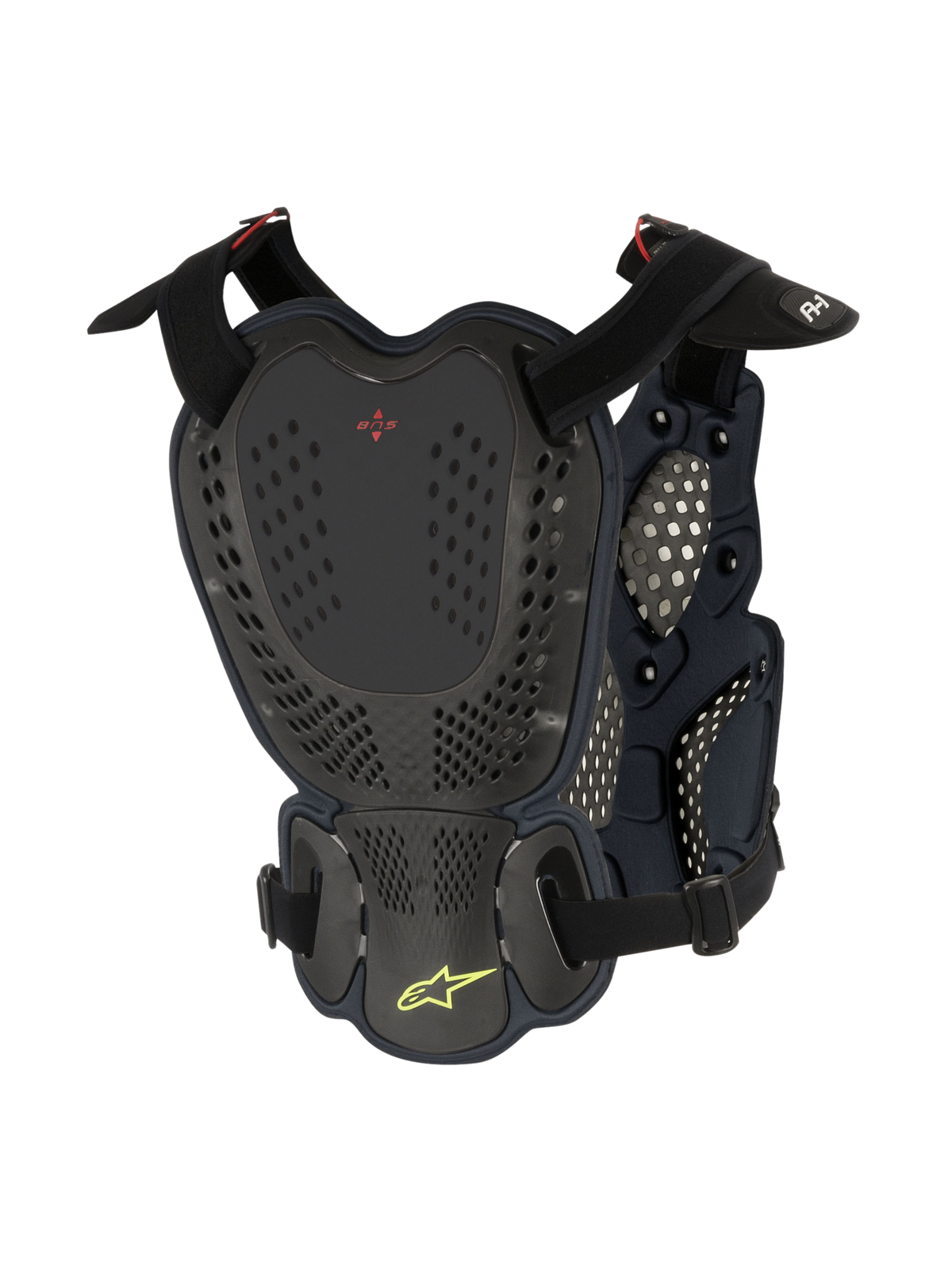 Alpinestars A-1 Roost Guard, ochraniacz klatki piersiowej i pleców motocross, Black Anthracite, widok z tyłu z perforowanymi twardymi płytami, czerwone logo BNS i limonkowo-zielone logo gwiazdy Alpinestars, regulowane paski dla ochrony off-road