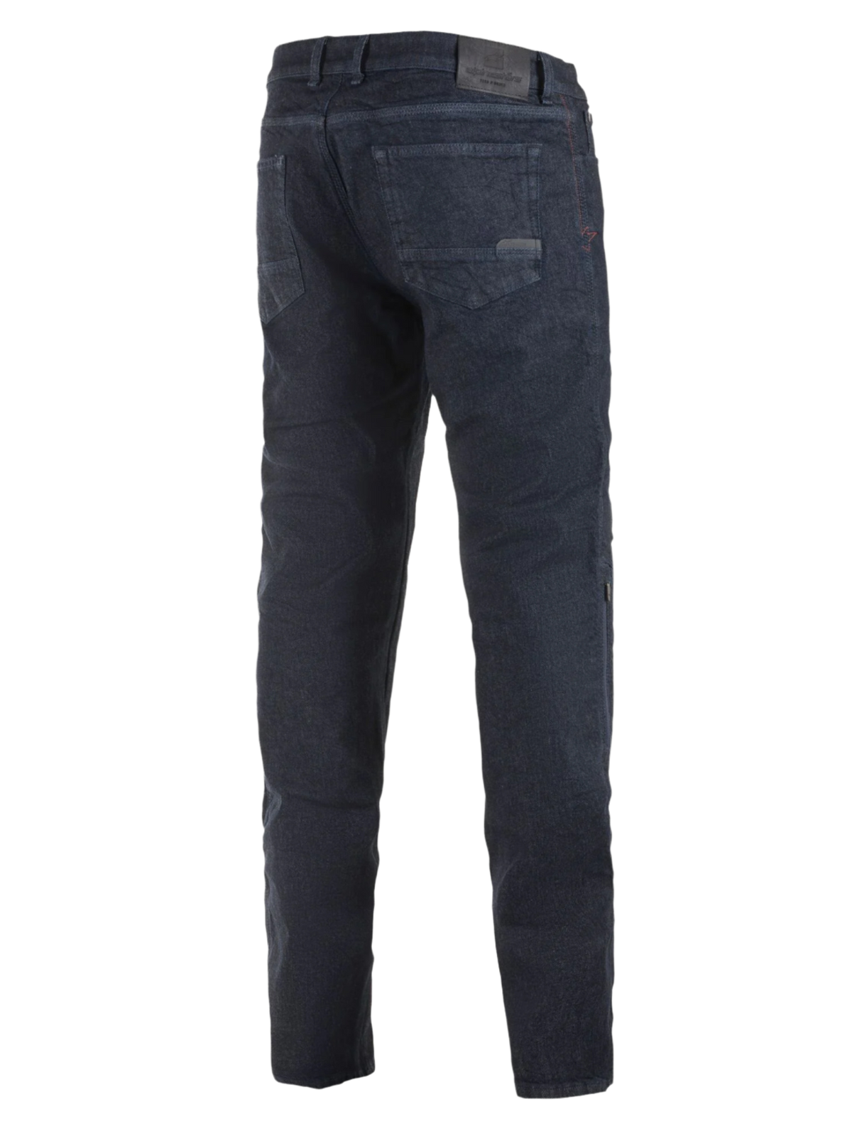 Alpinestars Copper Out V2 Riding Denim, motocyklowe spodnie jeansowe, Rinse Plus Blue, widok z tyłu pokazujący regularny prosty krój, skórzana naszywka na pasku, ciemny denim do miejskiej jazdy szosowej