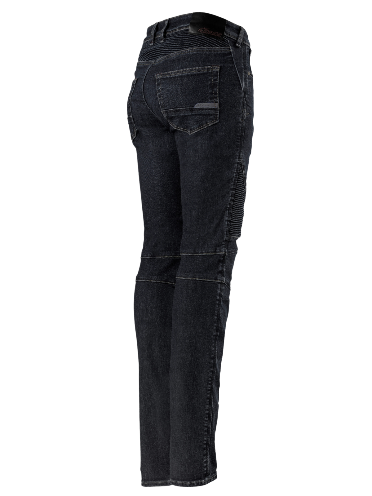 Alpinestars Stella Callie Denim, damskie spodnie motocyklowe, Black Waxed, widok z tyłu i z boku z elastycznymi panelami harmonijkowymi w pasie i na kolanach, krój slim fit z tylnymi kieszeniami i naszywką z logo