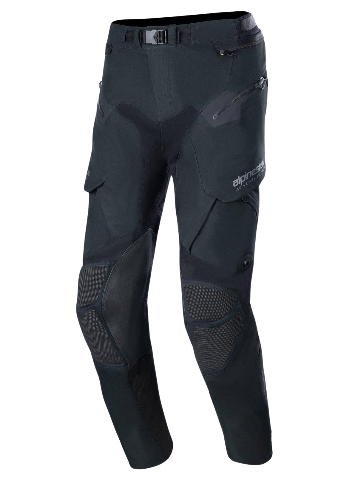 Alpinestars Boulder 3L GORE-TEX Pants - Short Length, czarne spodnie motocyklowe adventure, wzmocnione panele na kolanach i udach, liczne kieszenie na zamek, magnetyczna klamra paska, wytrzymały teksturowany materiał zapewniający ochronę wodoodporną