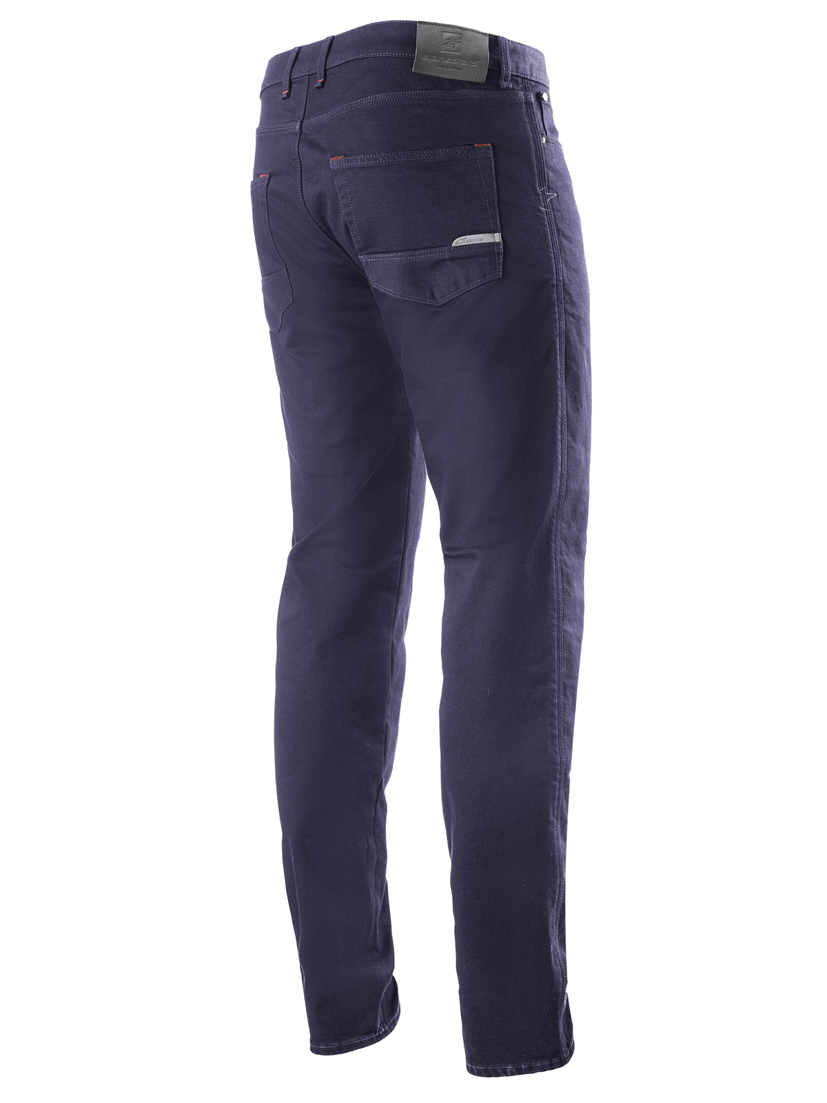 Alpinestars Copper V2 Denim Pants Short Length, Rinse Blue, widok z tyłu pod kątem trzech czwartych, widoczne tylne kieszenie i skórzana naszywka w pasie, miejskie jeansy motocyklowe o klasycznym dżinsowym wyglądzie