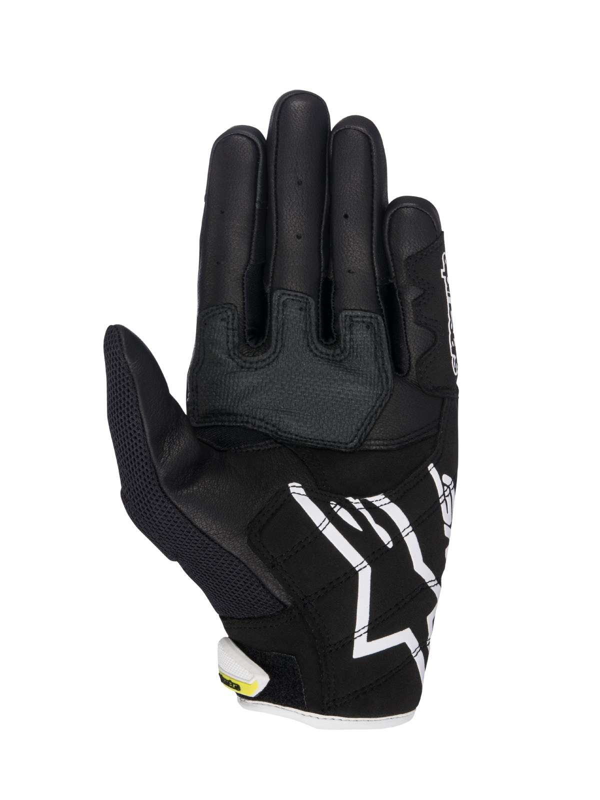 Rękawice Alpinestars SMX-2 Air Carbon V2, rękawice motocyklowe, czarno-białe z fluorescencyjnymi żółtymi akcentami, widok od strony dłoni ukazujący konstrukcję ze skóry i siatki 3D, wzmocnione panele chwytne, białe logo Alpinestars na mankiecie