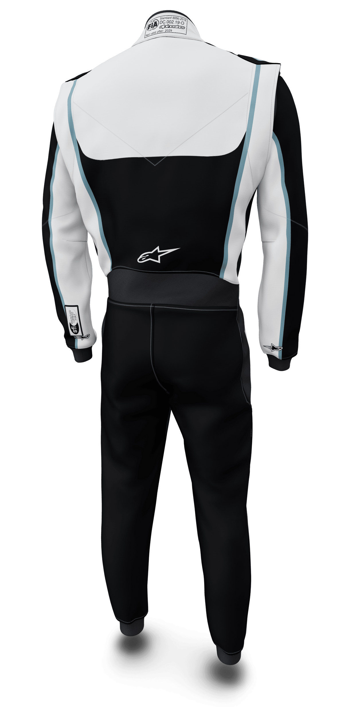 Alpinestars Tech Vision V3 Auto Racing Suit, rear view in black and white with blue accents, FIA/SFI certified Nomex.