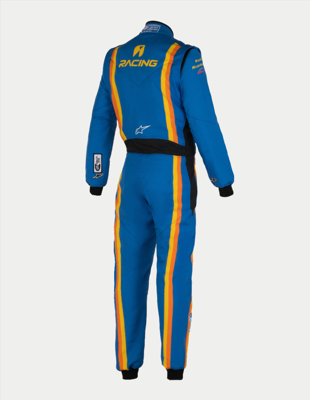 Alpinestars Tech Vision V3 Custom Racing Suit, rear view of blue FIA auto suit with orange stripes and yellow branding.