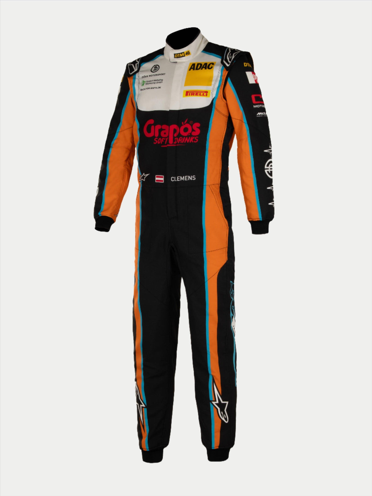 Alpinestars Tech Vision V3 Custom Suit, professional auto racing suit, Black with Orange and White panels and Light Blue accents, featuring custom sponsor logos and driver name 'CLEMENS', fire-retardant Nomex construction