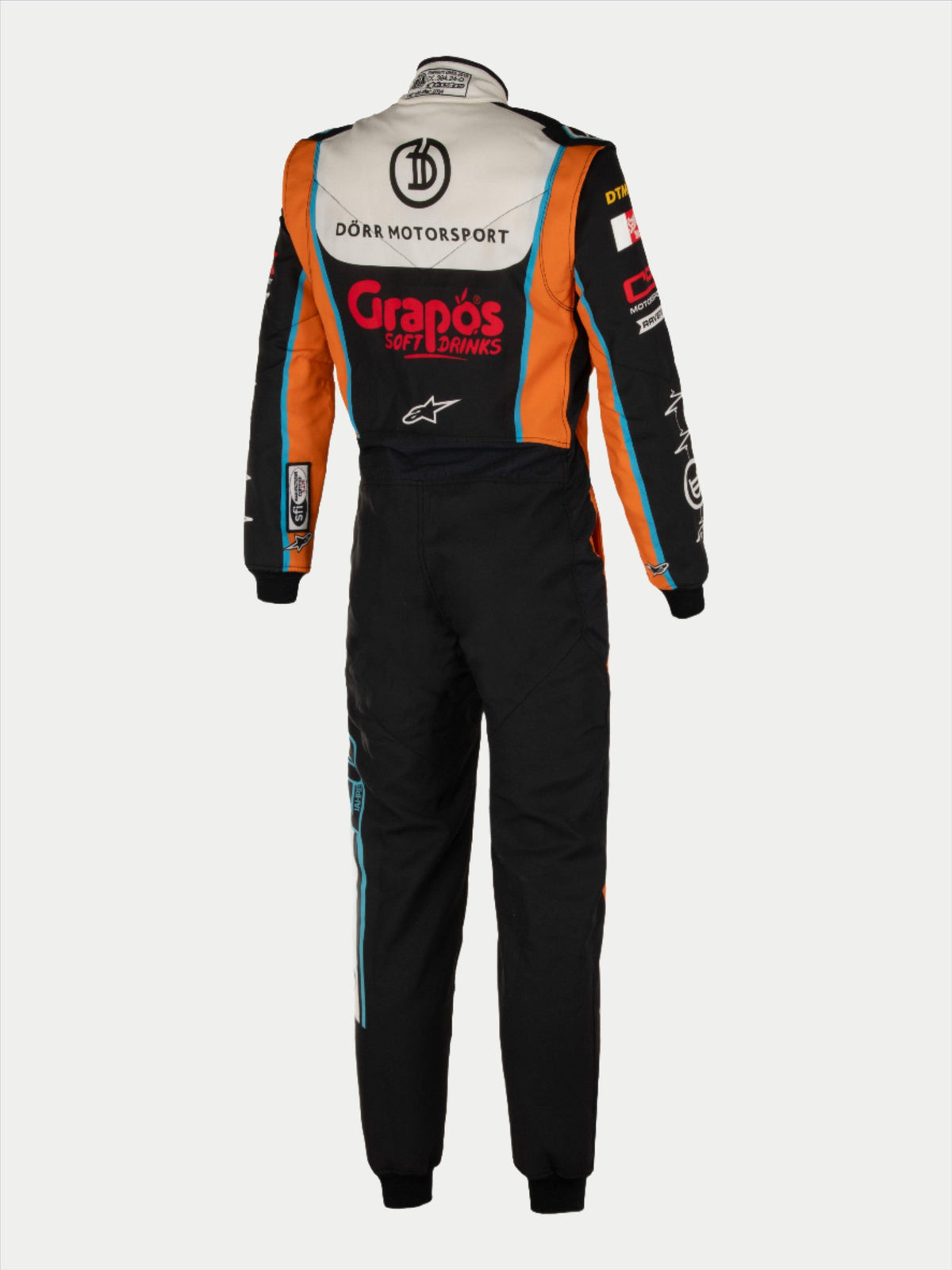 Alpinestars Tech Vision V3 Adjusted Length Custom Suit, FIA racing gear, Black and Orange Nomex, Dörr Motorsport, rear view.