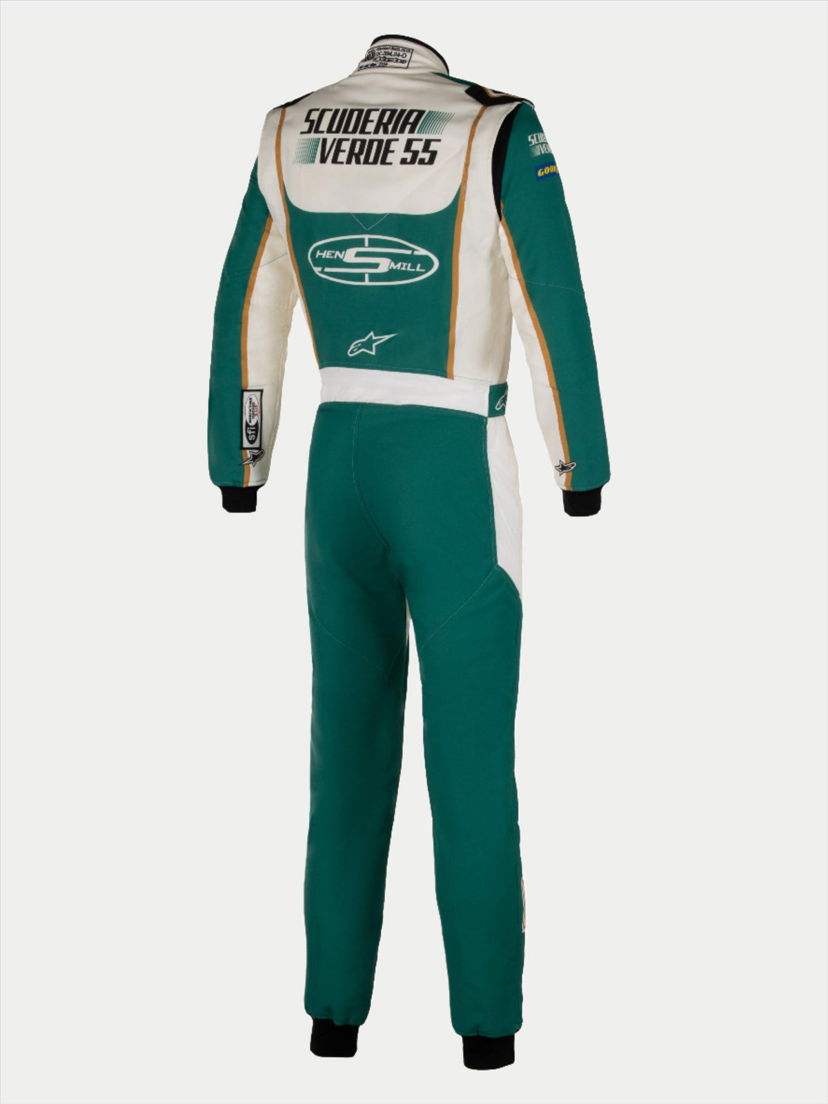 Alpinestars Tech Vision V3 Custom Auto Racing Suit, teal and white Nomex, FIA certified, rear view with custom logos.