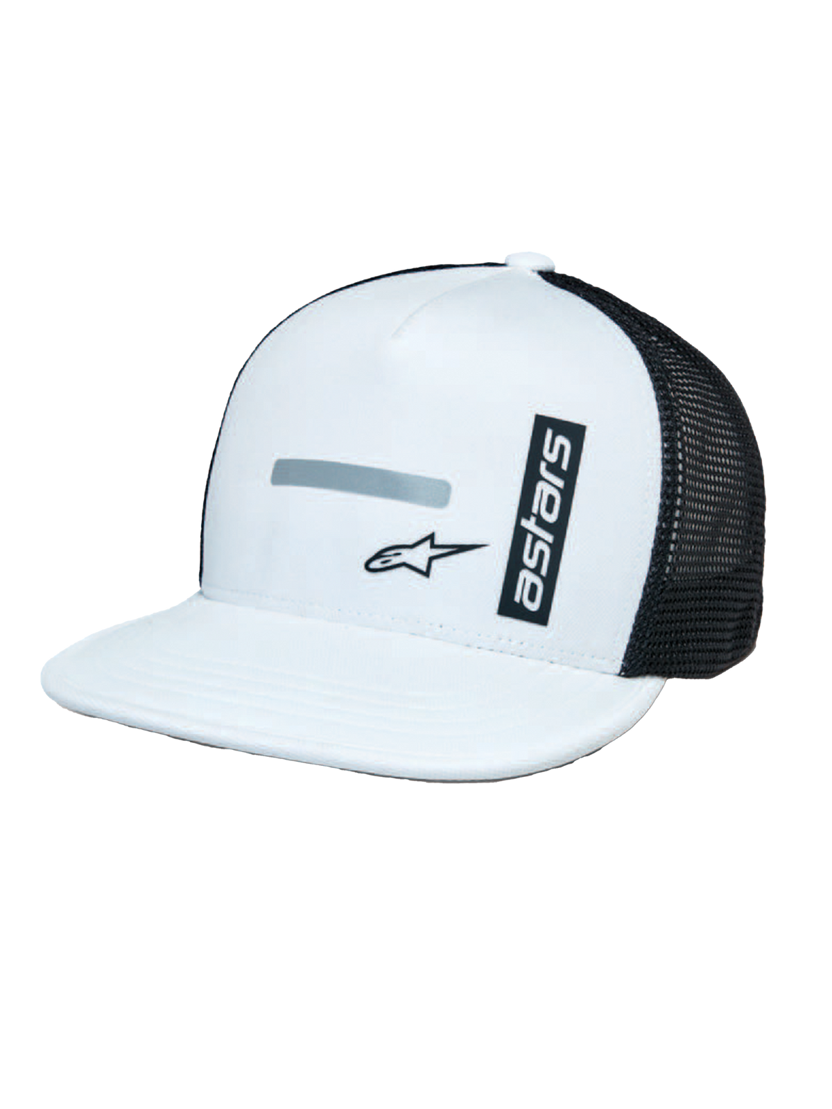 Alpinestars Alter Trucker Hat, biało-czarna, wzmocniona biała korona i płaski daszek, czarne panele z siateczki z tyłu, pionowe logo „astars” i odblaskowy nadruk, codzienne nakrycie głowy inspirowane motorsportem
