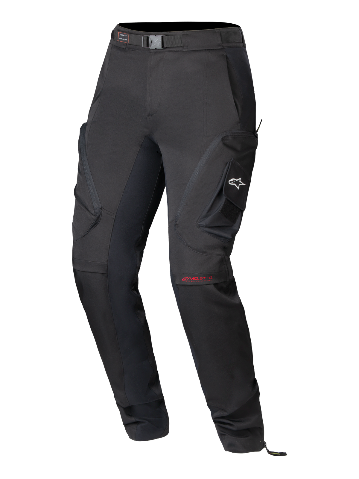 Alpinestars Actea Women's Pants, czarne spodnie motocyklowe, techniczny design szosowy z bocznymi kieszeniami cargo i białym logo A-star, czerwone logo MO.ST.EQ na kolanie, zintegrowany pasek w talii, nowoczesny zwężany krój.