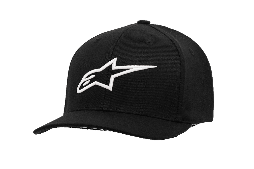 Alpinestars Ageless Curve Hat, czarna czapka z daszkiem typu baseball, białe haftowane logo 3D w kształcie gwiazdy, zakrzywiony daszek, usztywniona korona, tkanina twill, codzienna odzież sportowa motorsport