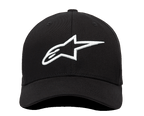 Czapka Alpinestars Ageless Curve, widok z przodu, czarna tkanina twill z trójwymiarowym haftowanym białym logo Alpinestars, czapka z daszkiem z zakrzywionym rondem, sportowy styl casual