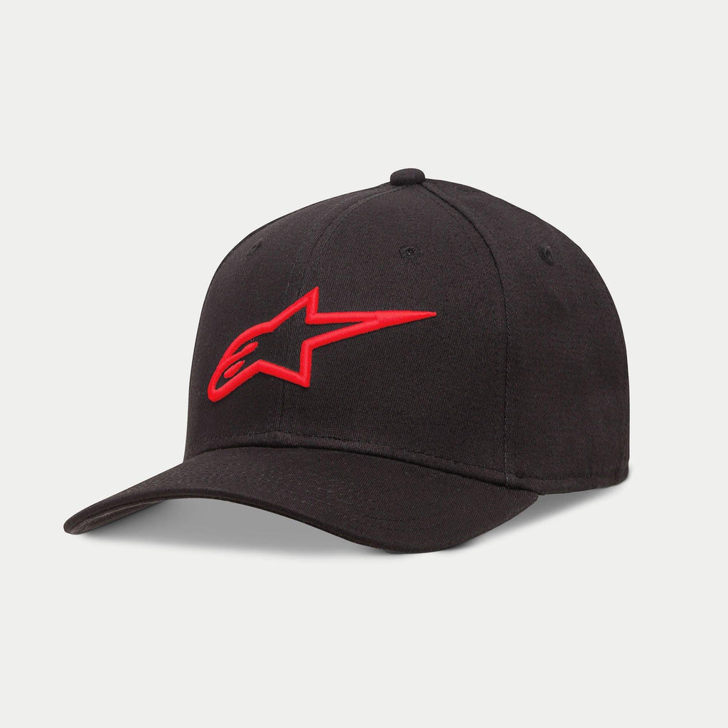 Alpinestars Ageless Curve Hat, czarno-czerwona czapka z daszkiem, z wypukłym haftowanym czerwonym logo 3D z przodu, zakrzywiony daszek z tkaniny twill, codzienne nakrycie głowy inspirowane sportami motorowymi