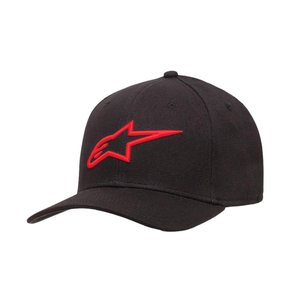 Alpinestars Ageless Curve Hat, czarna czapka z daszkiem z czerwonym haftowanym logo 3D, zakrzywiony daszek, tkanina twill, casualowy styl sportowy