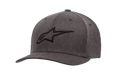 Alpinestars Ageless Curve Hat, szara czapka z daszkiem typu baseballówka (charcoal heather), czarne wyhaftowane logo 3D, zakrzywiony daszek, strukturalna tkanina twill z otworami wentylacyjnymi, codzienna odzież motorsportowa