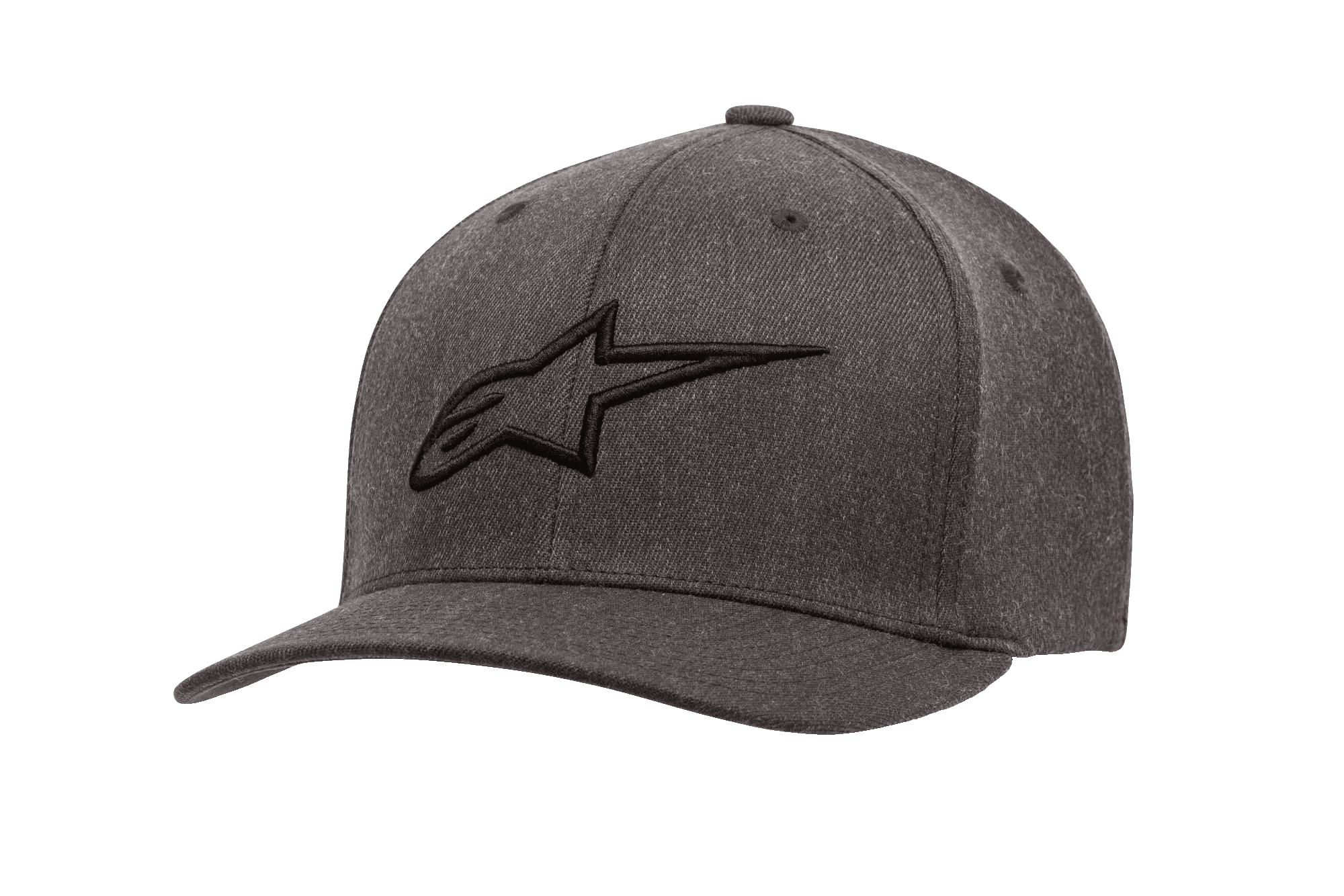 Alpinestars Ageless Curve Hat, szara czapka z daszkiem typu baseballówka (charcoal heather), czarne wyhaftowane logo 3D, zakrzywiony daszek, strukturalna tkanina twill z otworami wentylacyjnymi, codzienna odzież motorsportowa