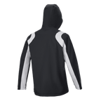 Alpinestars A-Dura Rain Jacket, Black and White, back view of hooded mountain bike rain jacket with light gray contrast panels on the shoulders and sleeves.