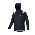 Alpinestars A-Dura Rain Jacket, MTB Rain Jacket, Black with grey shoulder panels, white Astars logo on chest, hooded waterproof design with 2.5-layer membrane, functional technical gear for off-road cycling