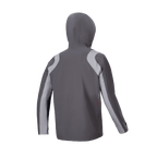 Alpinestars A-Dura Rain Jacket, kurtka przeciwdeszczowa MTB, ciemnotytanowa i szara, widok z tyłu z założonym kapturem, jasnoszare zakrzywione panele na ramionach i rękawach, techniczny design do jazdy na rowerze w deszczowe dni