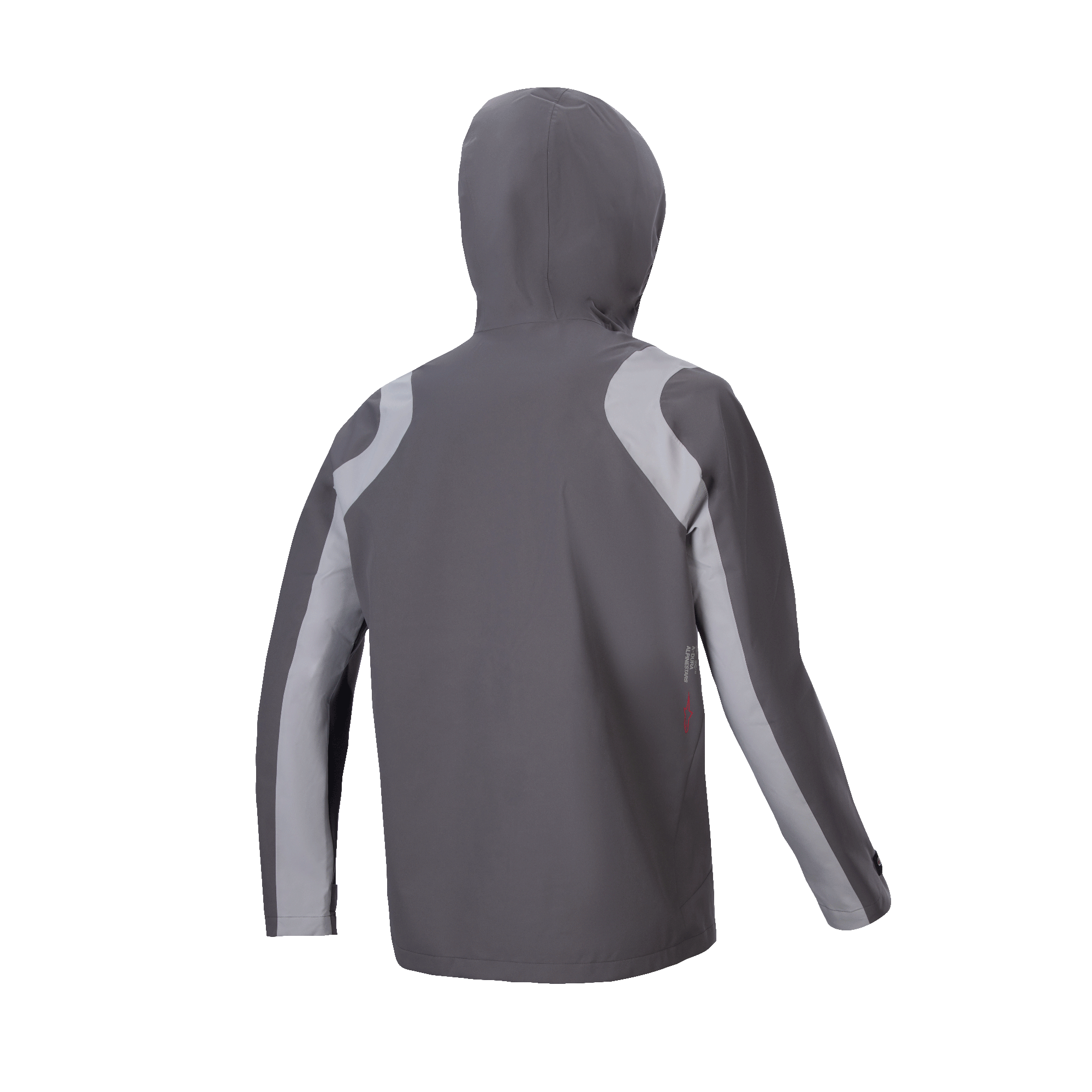 Alpinestars A-Dura Rain Jacket, kurtka przeciwdeszczowa MTB, ciemnotytanowa i szara, widok z tyłu z założonym kapturem, jasnoszare zakrzywione panele na ramionach i rękawach, techniczny design do jazdy na rowerze w deszczowe dni