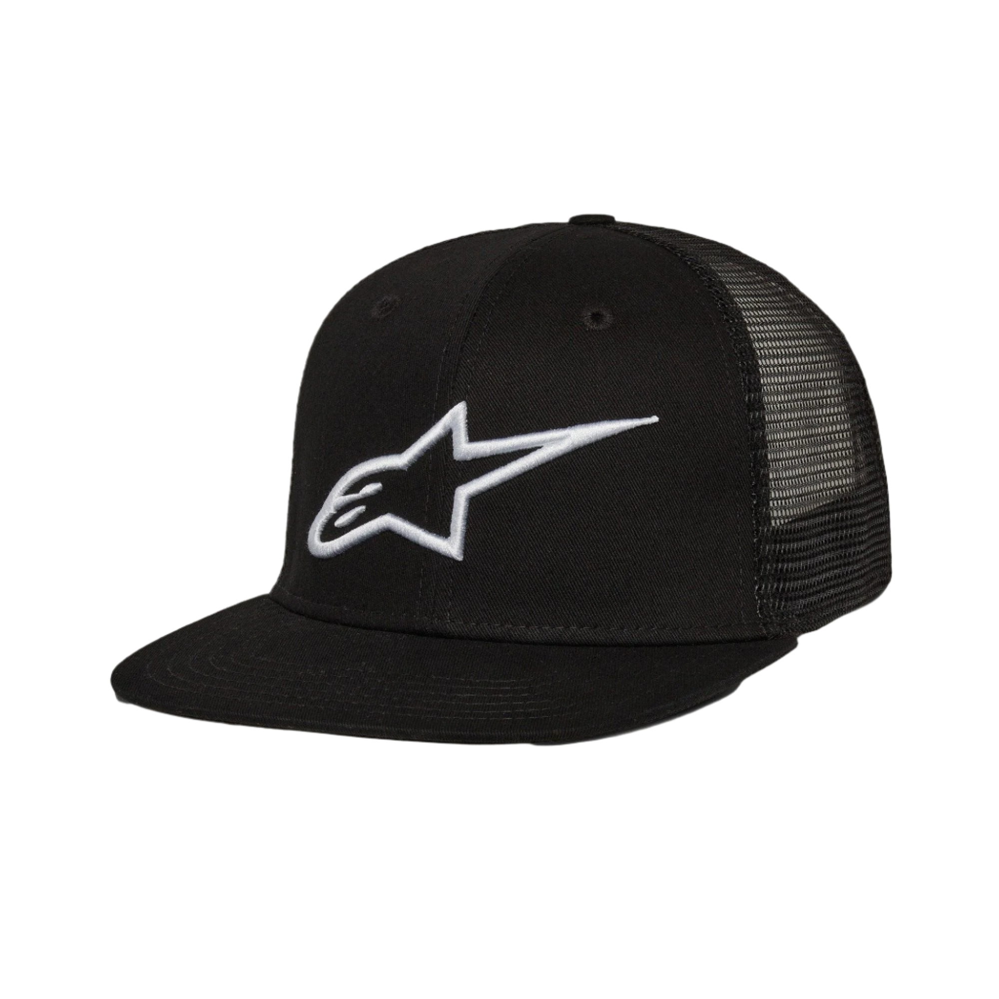 Alpinestars Corp Trucker Hat, flat bill trucker cap, Black, white 3D embroidered Alpinestars logo on front, mesh back panels, structured crown, casual motorsport streetwear