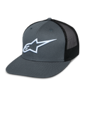 Alpinestars Corp Trucker Cap, Gray Front and Black Mesh Back, White Embroidered Star Logo, Flat Bill, Structured Crown, Breathable Mesh Back Panel