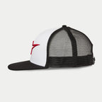 Alpinestars Corp Trucker Hat, Side View, White and Black, Red 3D embroidered logo on the side, black mesh back with black flat bill, structured crown for casual sportswear