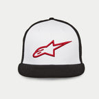 Alpinestars Corp Trucker Hat, flat bill trucker with structured crown, white front panel with black mesh back and black bill, red 3D embroidered Alpinestars logo, casual motorsport headwear