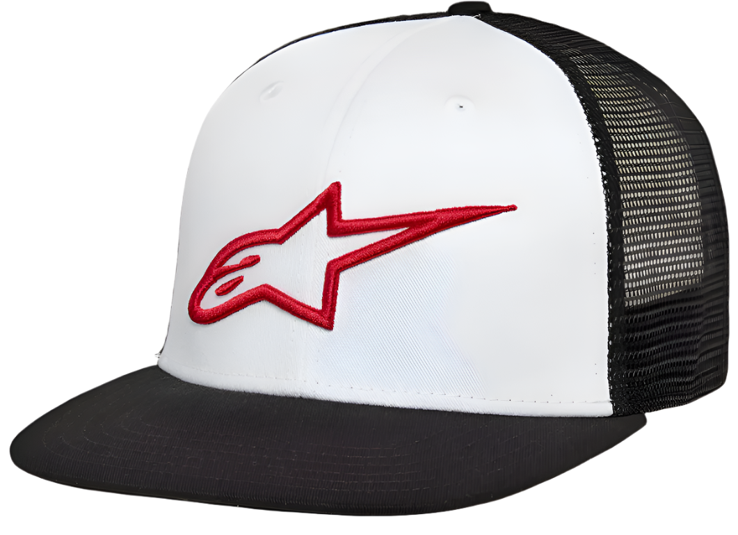 Alpinestars Corp Trucker Hat, white front panel with a black flat bill and black mesh back, featuring a 3D embroidered red Alpinestars star logo, casual motorsport streetwear