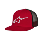 Alpinestars Corp Trucker Hat, czerwono-czarna czapka typu trucker z płaskim daszkiem, białe haftowane logo 3D, czerwony przód z twillu i czarne panele z siateczki z tyłu