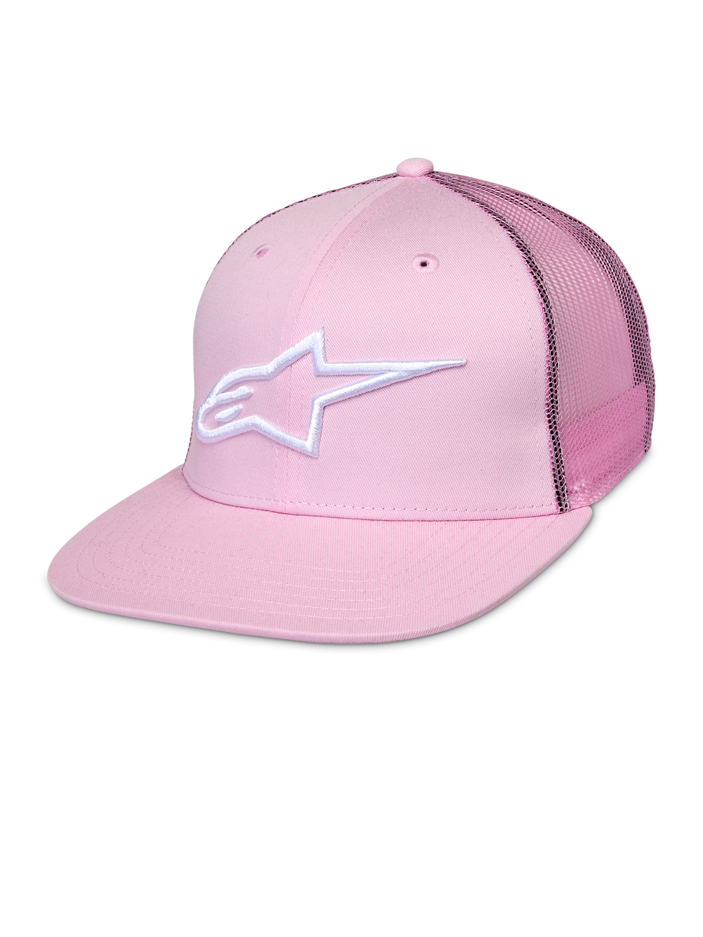 Alpinestars Corp Trucker Cap, różowa czapka typu snapback z białym logo gwiazdy, siateczkowe panele z tyłu, usztywniona sześciopanelowa konstrukcja z otworami wentylacyjnymi