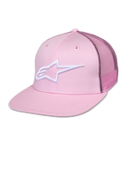 Alpinestars Corp Trucker Cap, różowa czapka typu snapback z białym logo gwiazdy, siateczkowe panele z tyłu, usztywniona sześciopanelowa konstrukcja z otworami wentylacyjnymi
