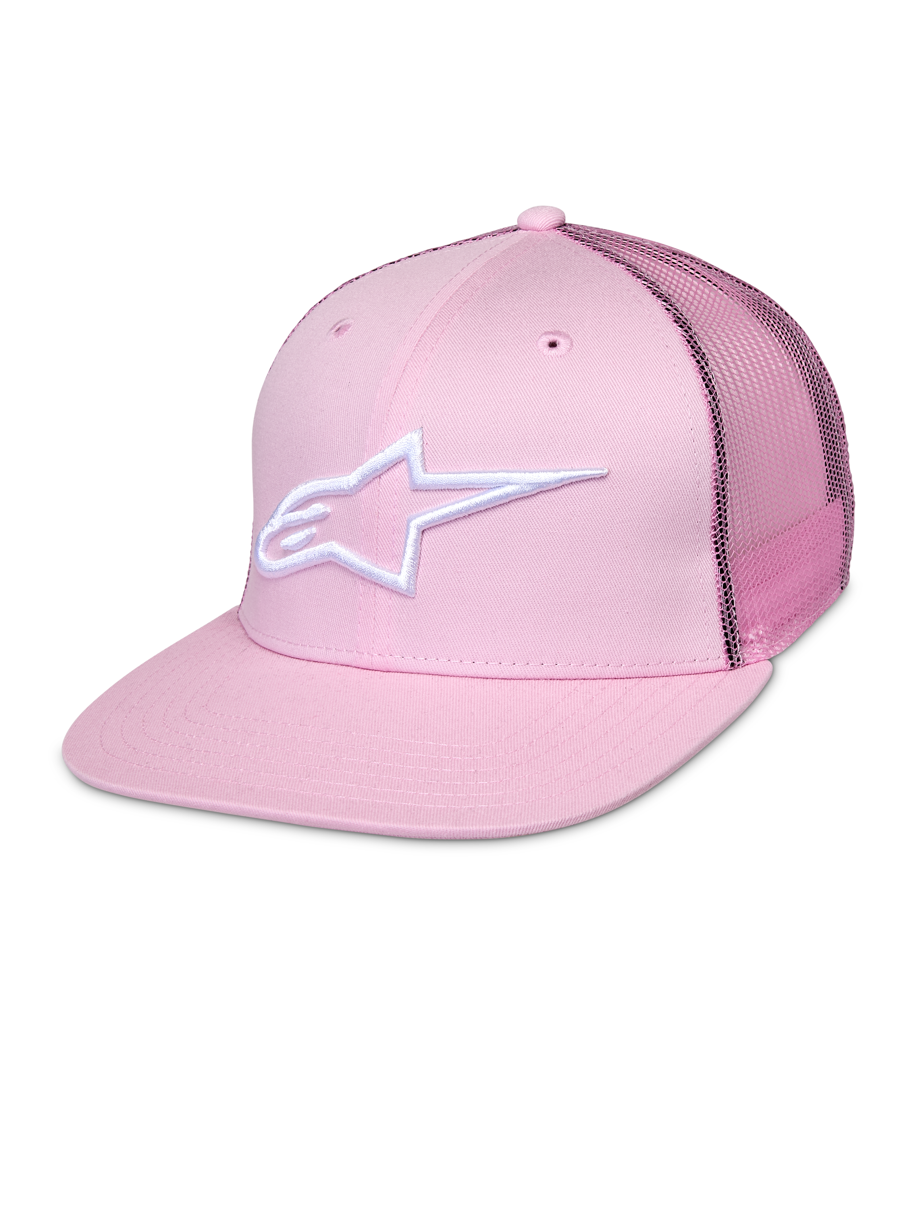 Alpinestars Corp Trucker Cap, różowa czapka typu snapback z białym logo gwiazdy, siateczkowe panele z tyłu, usztywniona sześciopanelowa konstrukcja z otworami wentylacyjnymi