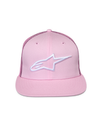 Alpinestars Corp Trucker Hat, różowa czapka z daszkiem, białe haftowane logo z przodu, płaski daszek i usztywniona korona, tylne panele z siatki, codzienne nakrycie głowy w stylu motorsportowym