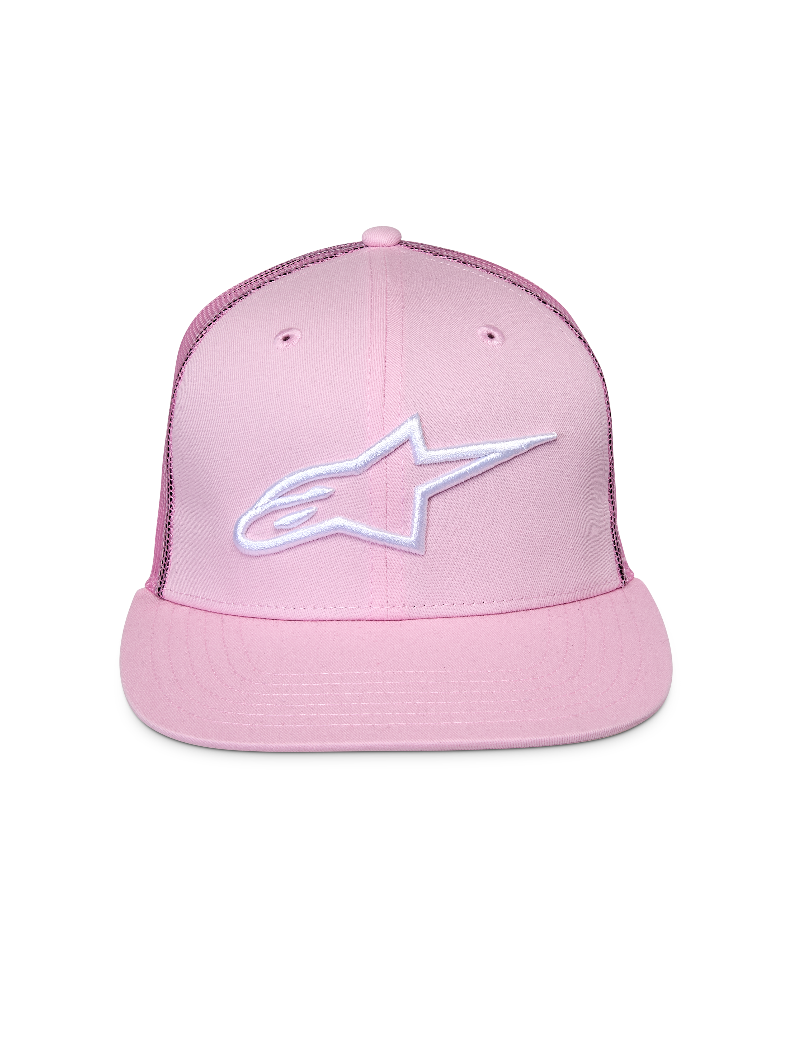 Alpinestars Corp Trucker Hat, różowa czapka z daszkiem, białe haftowane logo z przodu, płaski daszek i usztywniona korona, tylne panele z siatki, codzienne nakrycie głowy w stylu motorsportowym