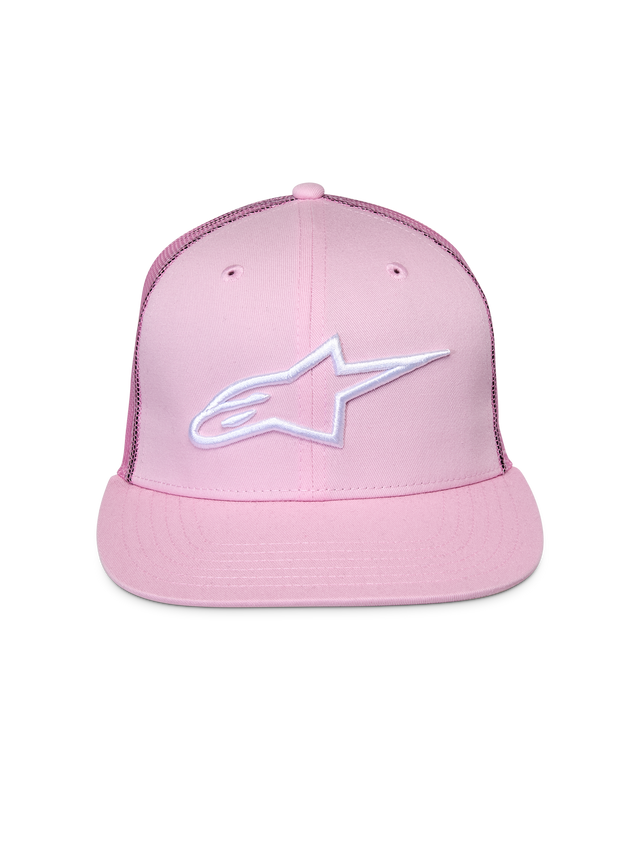 Alpinestars Corp Trucker Hat, Pink, featuring white embroidered logo on front, flat bill with structured crown, mesh back panels, casual motorsport headwear
