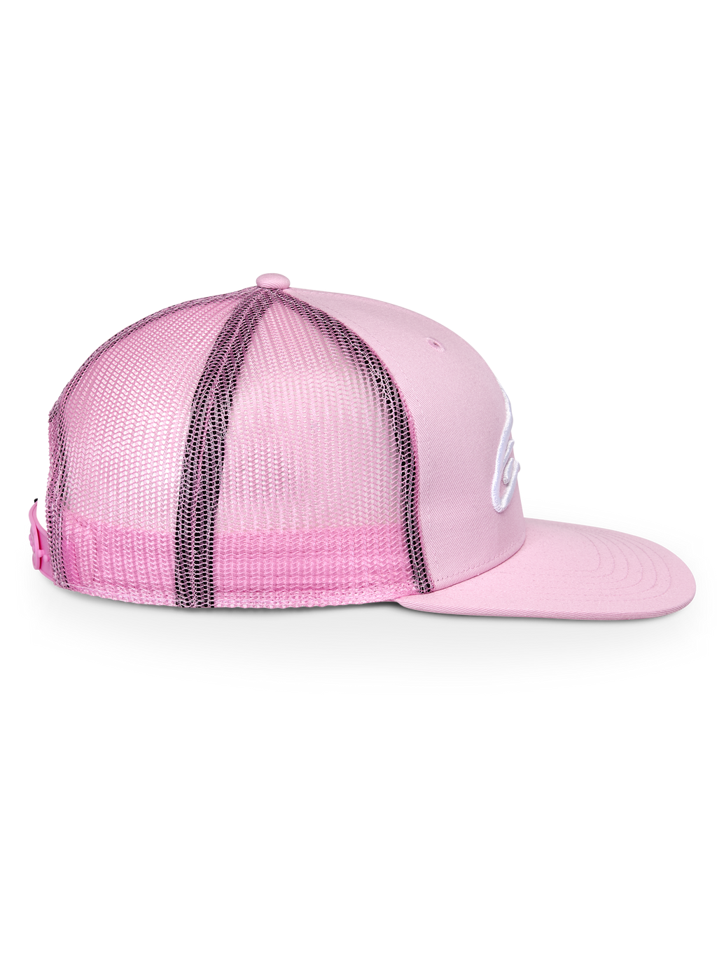 Alpinestars Corp Trucker Hat, różowa, widok z boku, usztywniona korona z płaskim daszkiem, przód z tkaniny twill i tył z siatki, regulowane zapięcie snapback, sportowe nakrycie głowy
