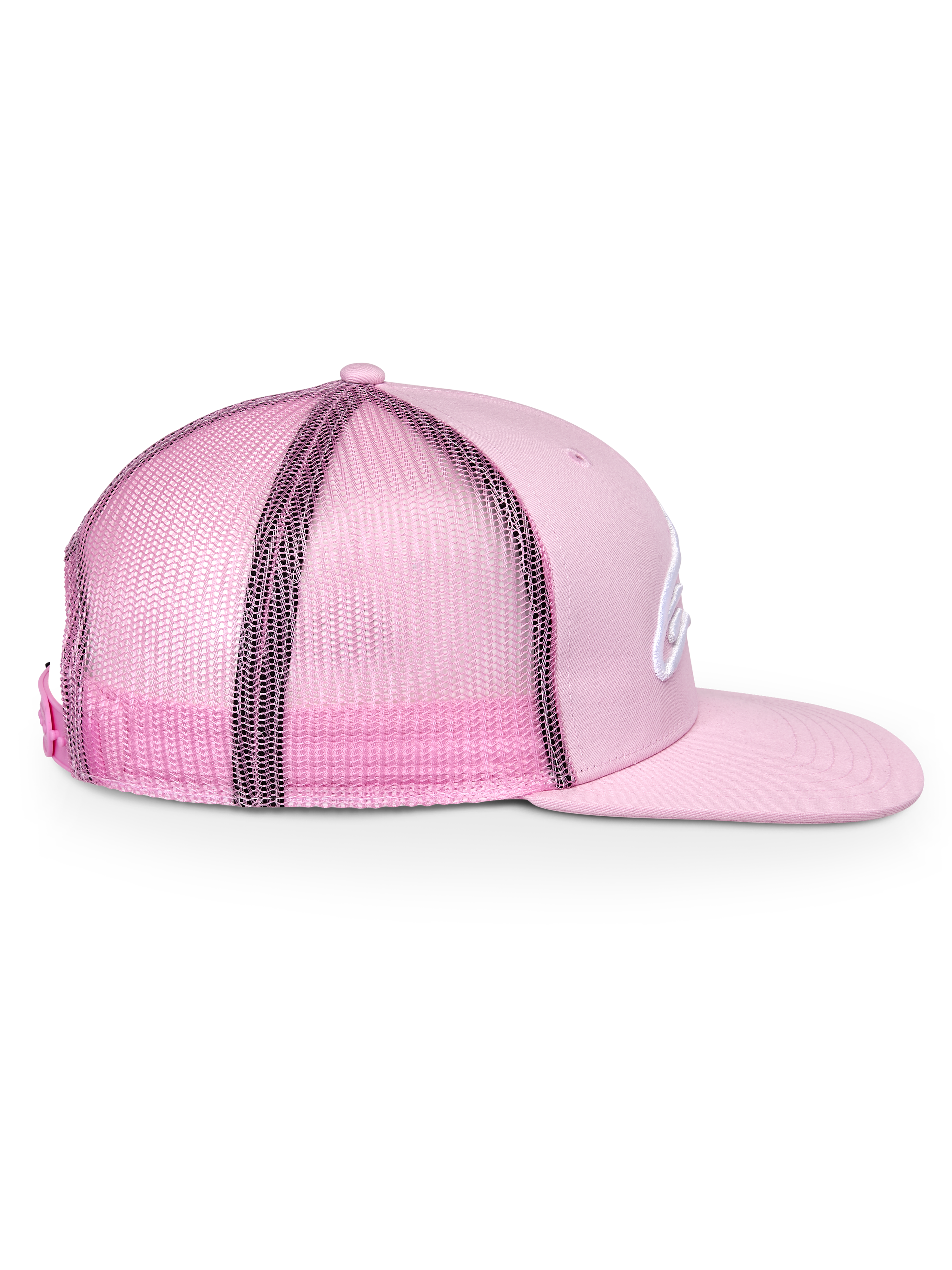Alpinestars Corp Trucker Hat, różowa, widok z boku, usztywniona korona z płaskim daszkiem, przód z tkaniny twill i tył z siatki, regulowane zapięcie snapback, sportowe nakrycie głowy